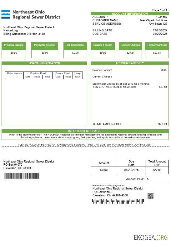 Modèle Word et PDF de facture de services publics du district régional des égouts du nord est de l'Ohio des États Unis 1
